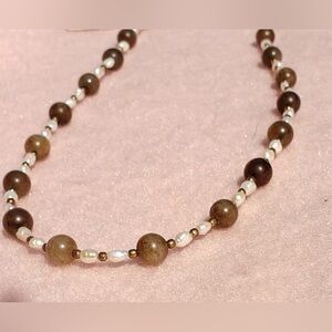 Brown Jade & Fresh Water Pearl Necklace with Gold Clasp